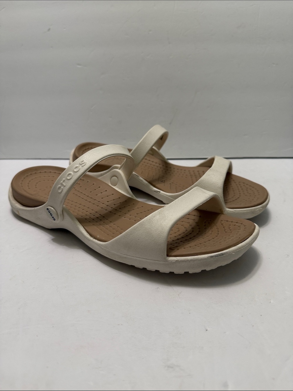CROCS Women's Cream Slide Sandals with Brown Footbed